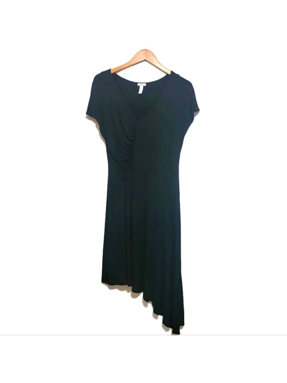 Soma Asymmetrical V Neck Dress Short Sleeve Ruching Black Midi Summer Casual M